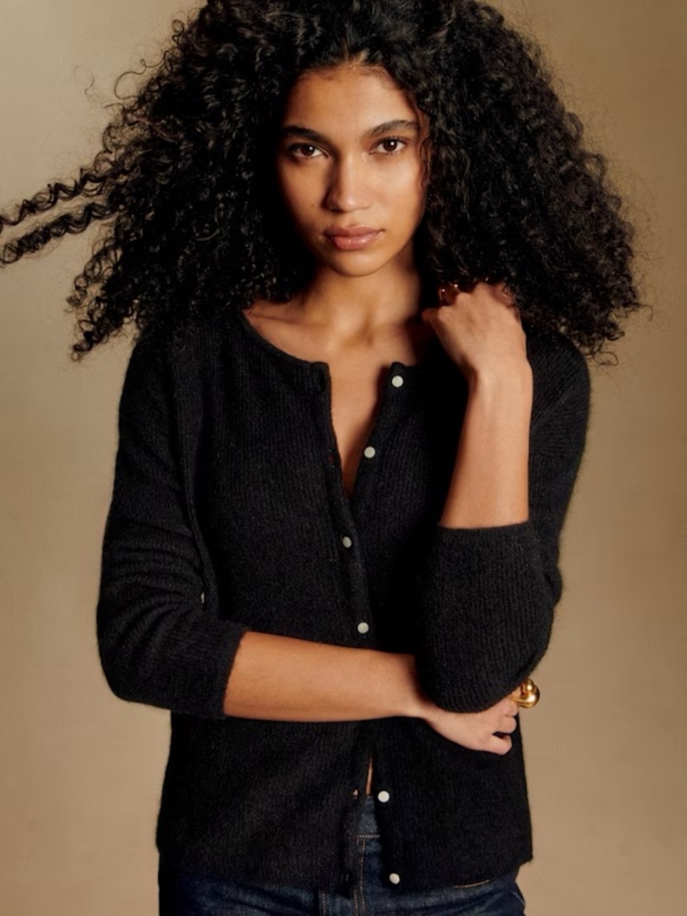 Sezane Black Button-Front Mohair Blend Cardigan